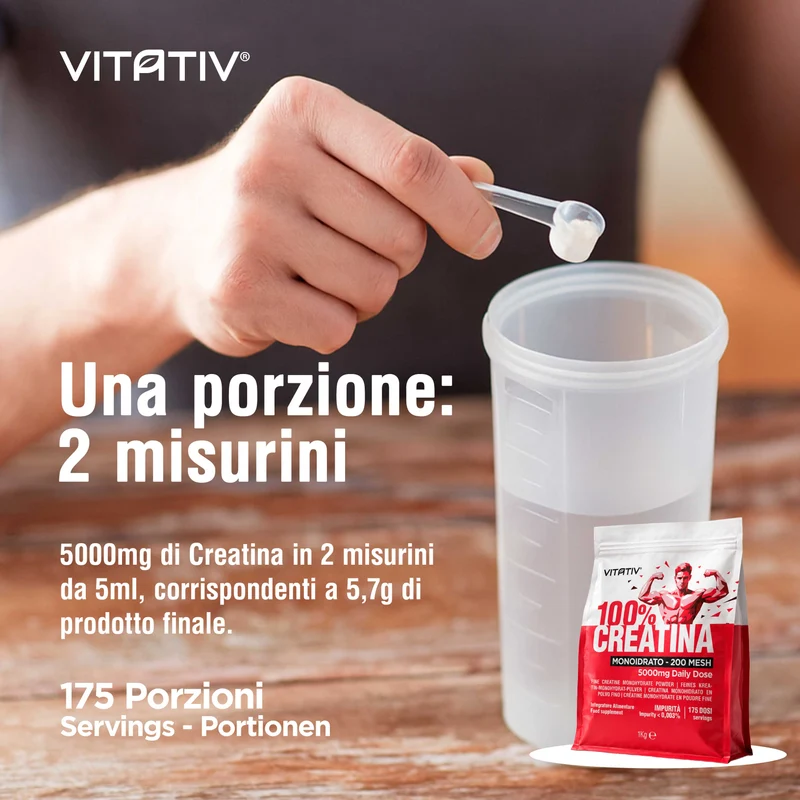Creatina Monoidrato Micronizzata 200 Mesh in Polvere Pura, 1 kg