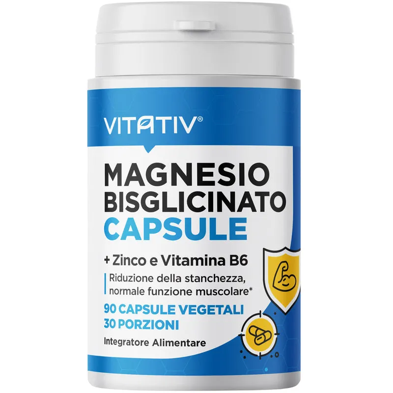 Magnesio Bisglicinato Chelato con Zinco e Vitamina B6, 90 Capsule