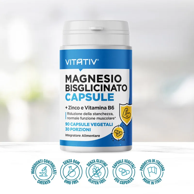 Magnesio Bisglicinato Chelato con Zinco e Vitamina B6, 90 Capsule