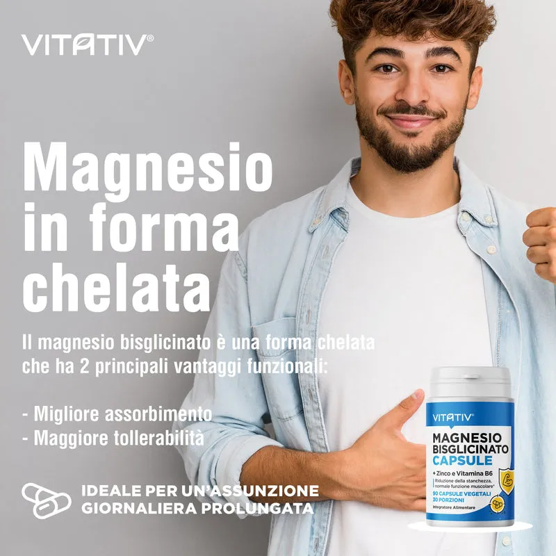 Magnesio Bisglicinato Chelato con Zinco e Vitamina B6, 90 Capsule