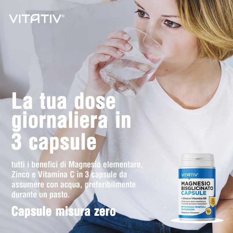 Magnesio Bisglicinato Chelato con Zinco e Vitamina B6, 90 Capsule