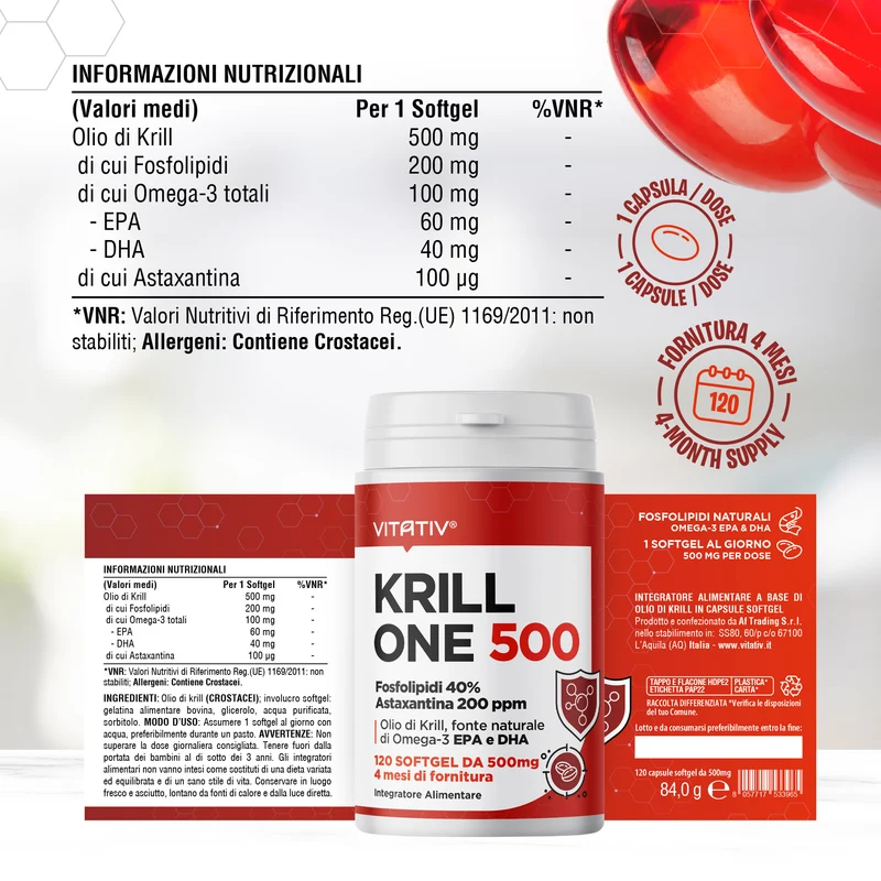 Olio di Krill Omega 3 500 mg con EPA e DHA, 120 Softgel