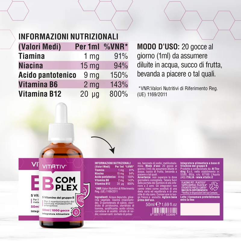 B Complex Gocce 50 ml, Integratore Liquido con Metilcobalamina
