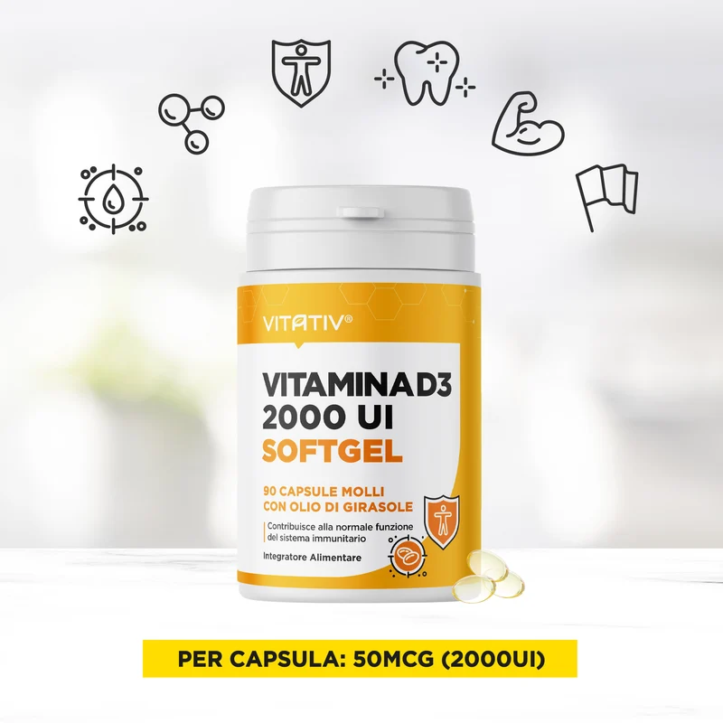 Vitamina D3 2000 UI 50 mcg, Softgel Mini con Olio di Girasole