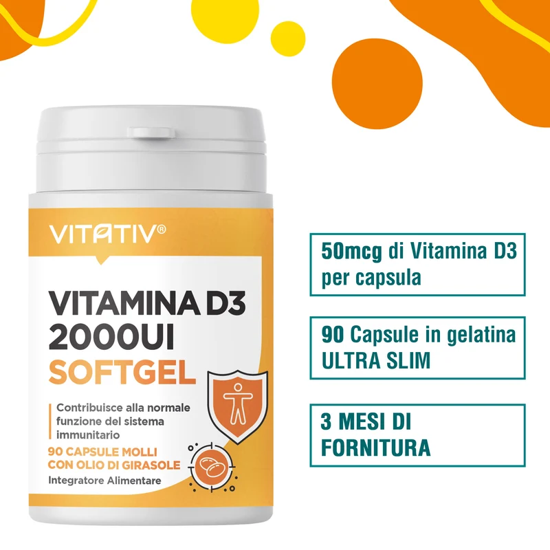 Vitamina D3 2000 UI 50 mcg, Softgel Mini con Olio di Girasole