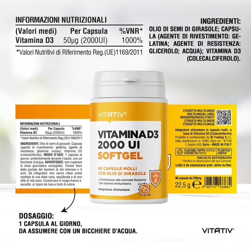 Vitamina D3 2000 UI 50 mcg, Softgel Mini con Olio di Girasole