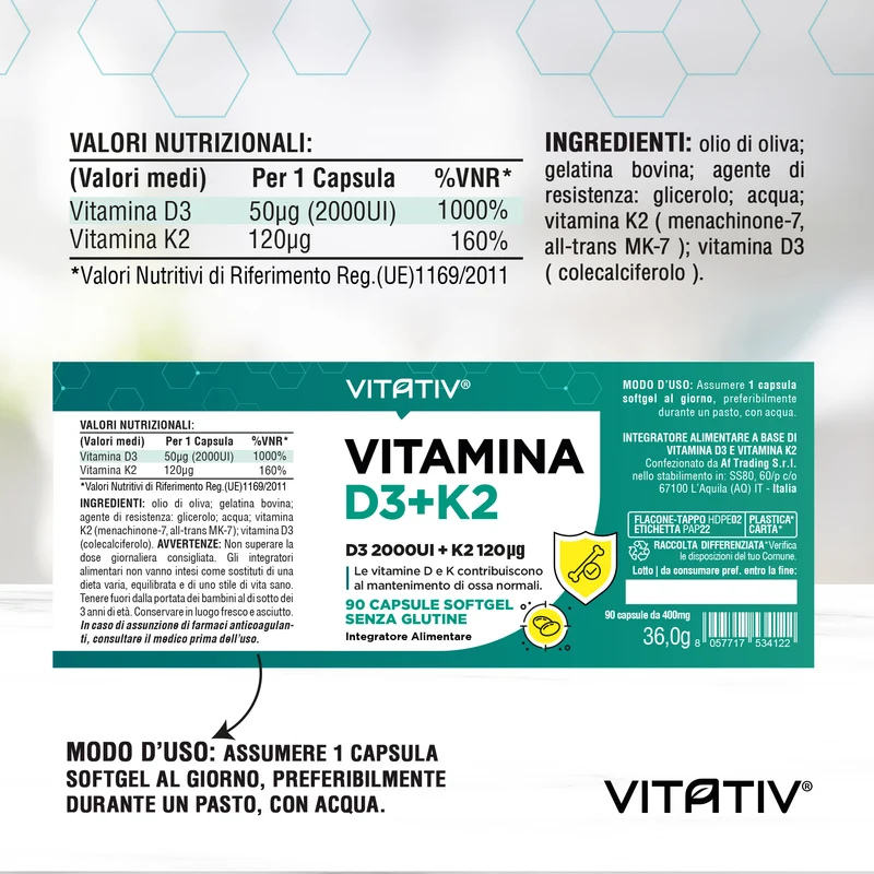 Vitamina D3 2000 UI + K2 MK7 All-Trans 120 µg, 90 Softgel