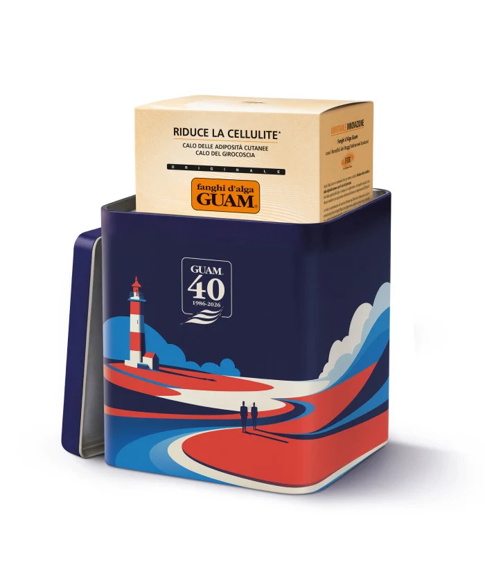Kit Fango d'Alga F.I.R. 1 kg in latta celebrativa blu 40 anni di Guam + OMAGGIO Crema Liporiducente Cosce Glutei 75 ml