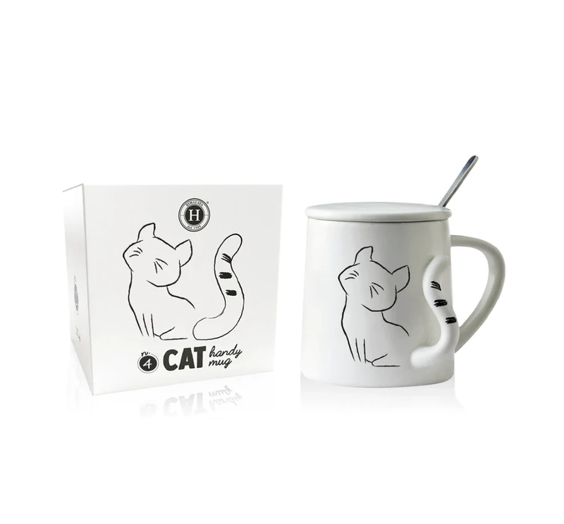 Tazza Mug in porcellana bianca con Gattino (nr.4) in rilievo, coperchio e cucchiaino