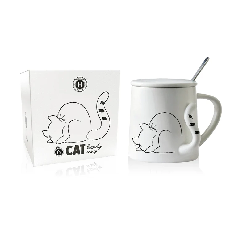 Tazza Mug in porcellana bianca con Gattino (nr.6) in rilievo, coperchio e cucchiaino