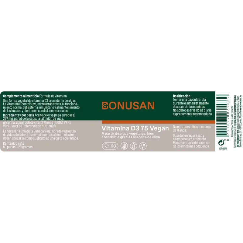 Bonusan Vitamina D3 75 Vegan, 60 perlas