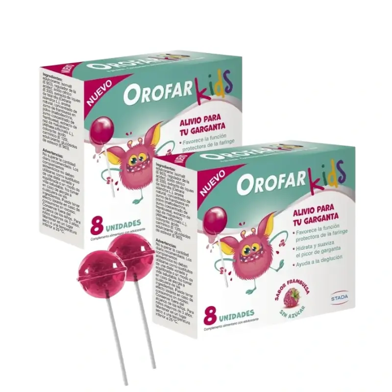 Orofar Kids Piruletas Para Picor De Garganta Sabor Frambuesa Sin Azúcar , 2x8 piruletas