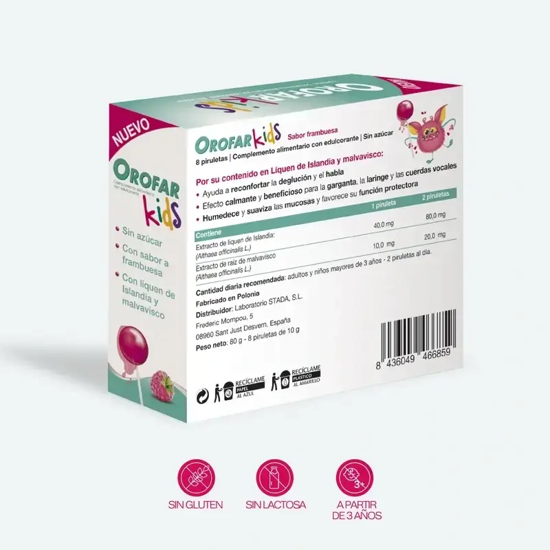 Orofar Kids Piruletas Para Picor De Garganta Sabor Frambuesa Sin Azúcar , 2x8 piruletas
