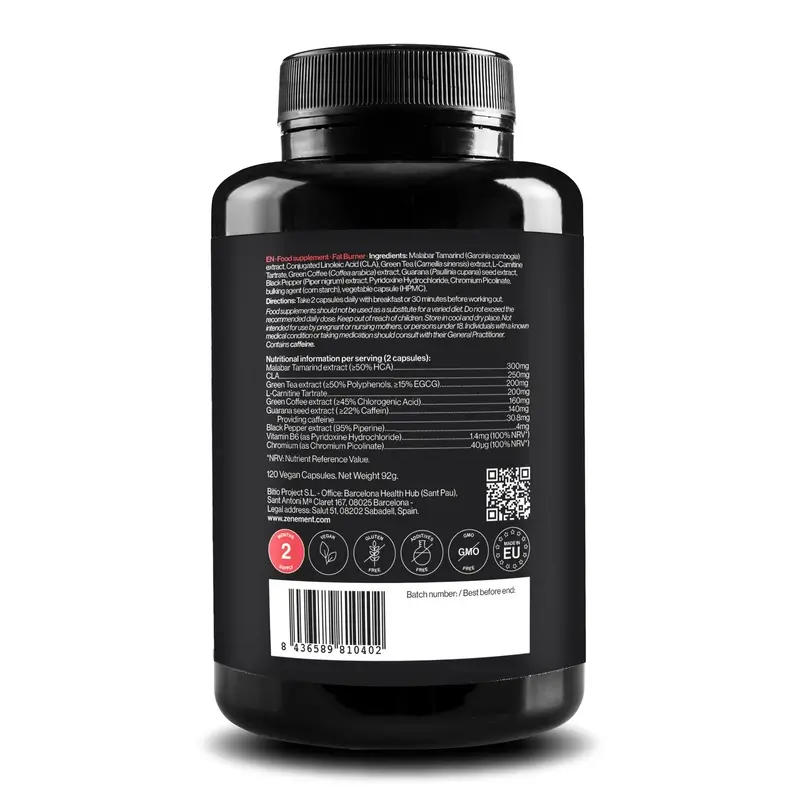Zenement Quemagrasas Con Té Verde, L-Carnitina, Yerba Mate, Cla Y Café Verde, 120 cápsulas veganas