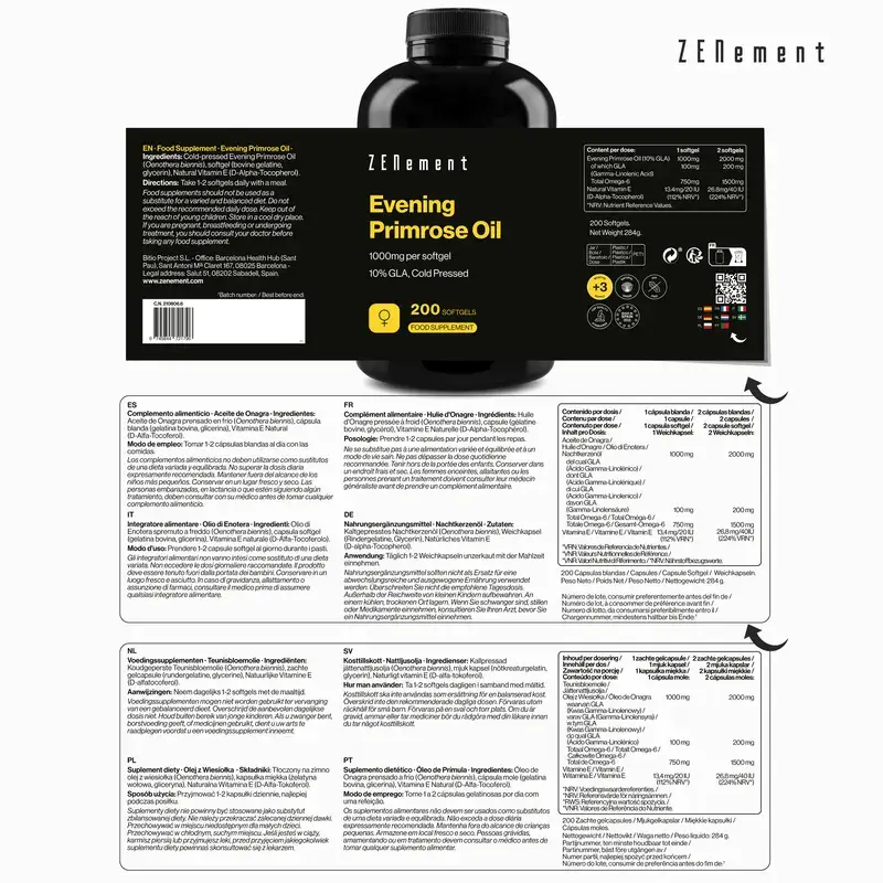 Zenement Aceite De Onagra 1000 Mg, 200 cápsulas blandas