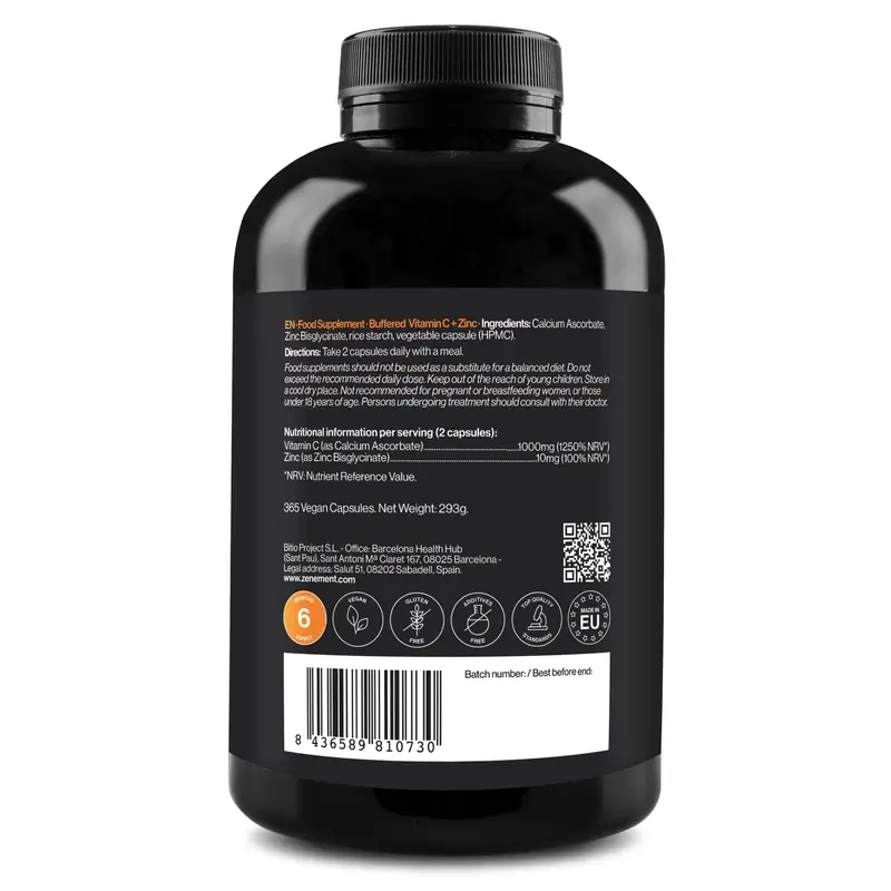 Zenement Vitamina C Tamponada + Zinc, 365 cápsulas veganas