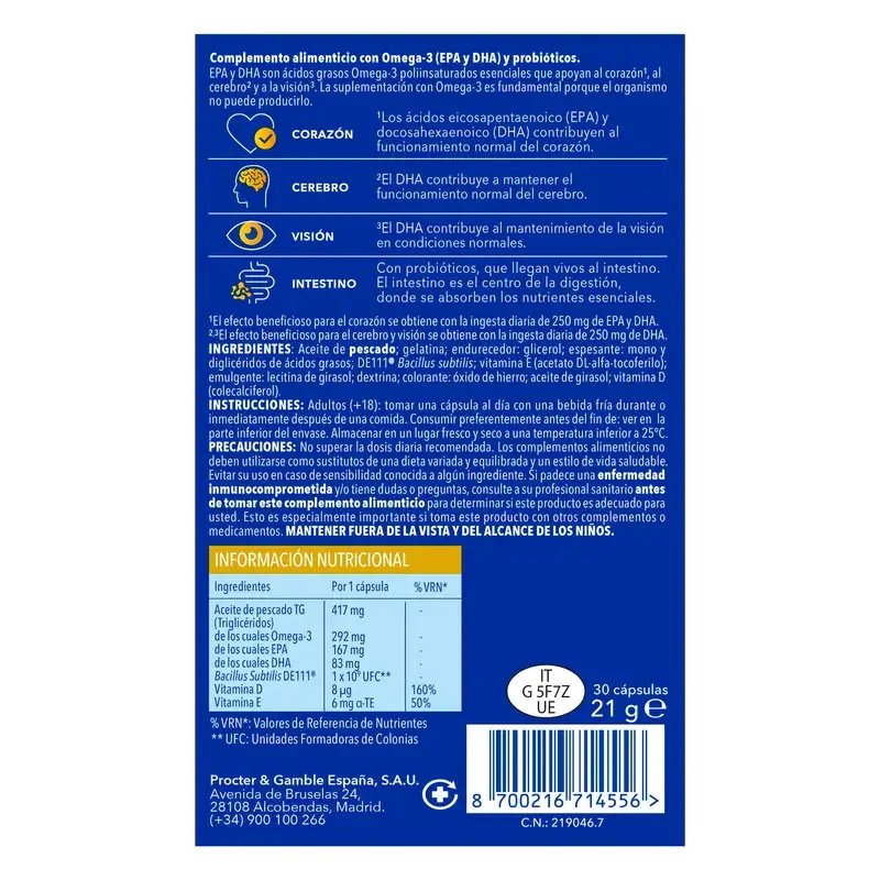 Bion3 Omega-3 Con Probióticos, 30 cápsulas