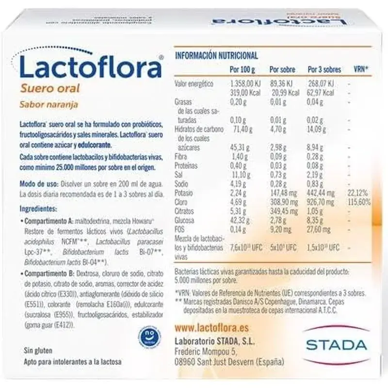 Lactoflora Suero Oral Con Probióticos, Prebióticos Y Sales Minerales Sabor Naranja , 6 Sobres