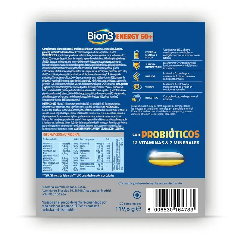 Bion3 Energy 50+ Multivitamínicos Con Probióticos, 120 comprimidos