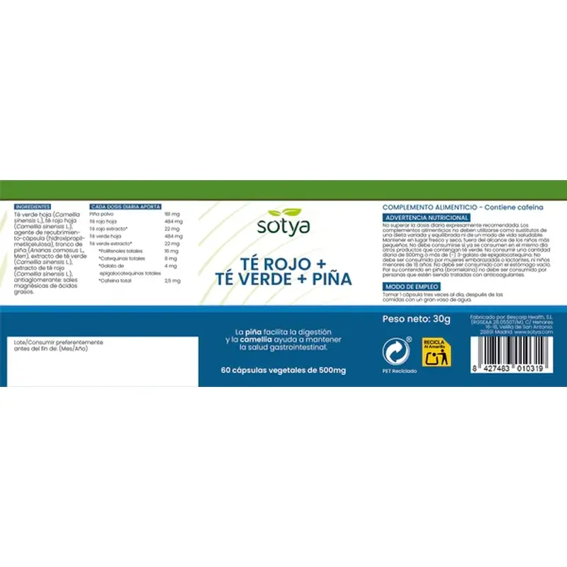 Sotya Te Rojo + Te Verde + Piña 500 Mg , 60 cápsulas